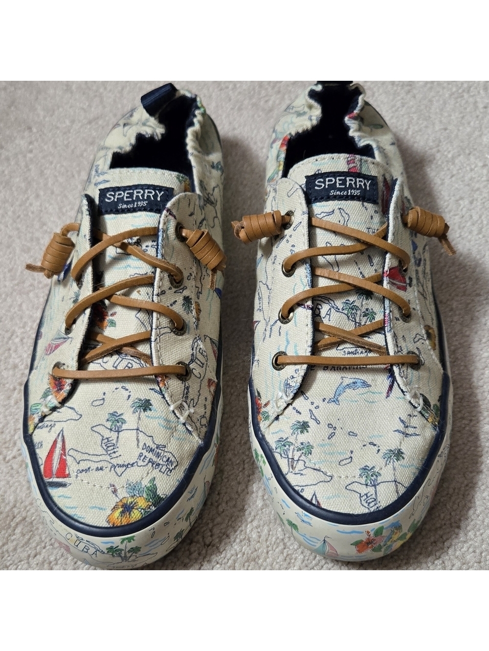 Sperry Women's Sneakers Cream Canvas with Travel Map Print and Tan Laces Size 10